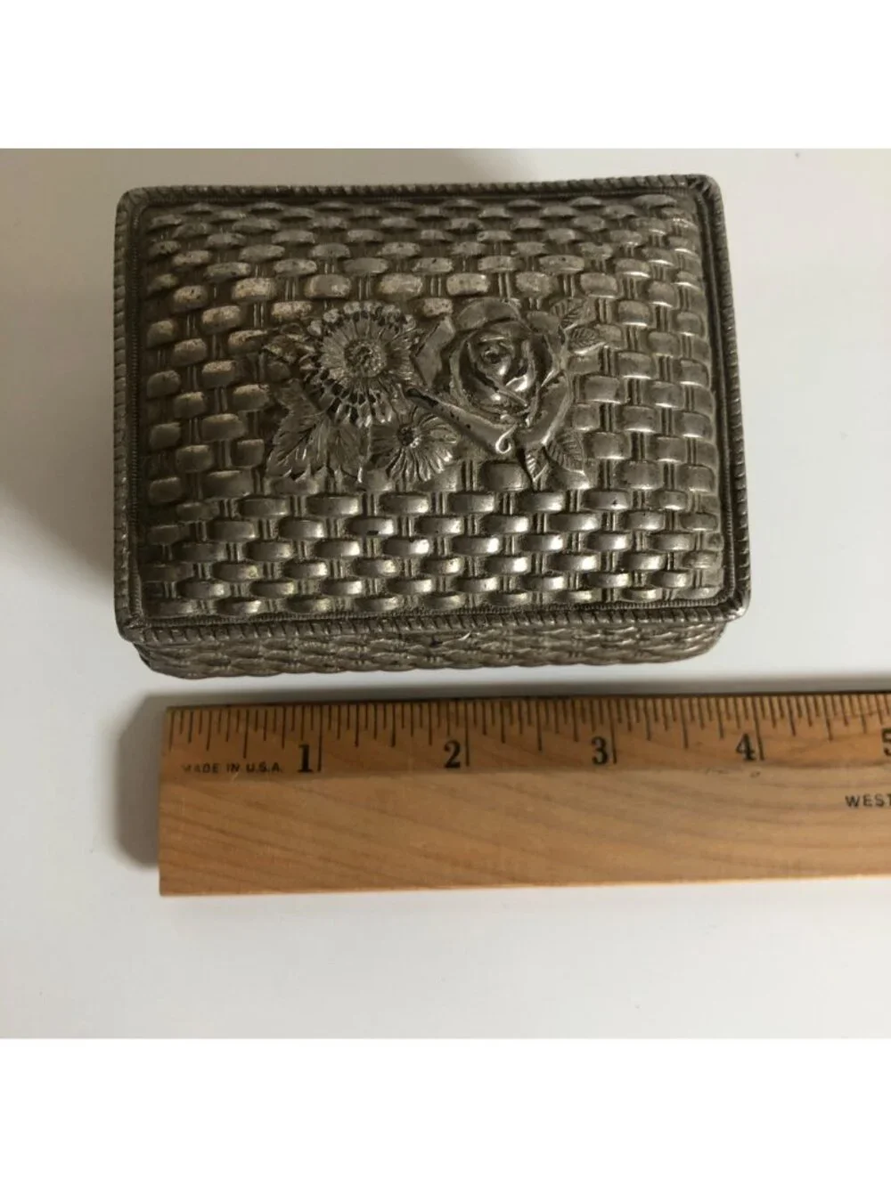 Vintage Silver Plated Jewelry Box Made in Japan Basket Weave Floral Trinket Cask